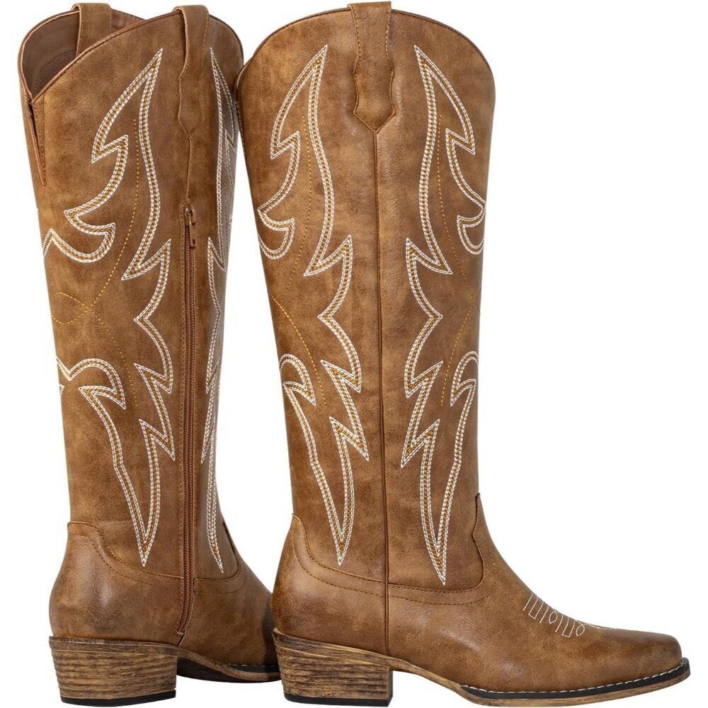 Women's Tan Leather Square Toe Embroidered Western Knee High Cowgirls Boots - Picture 5 of 7